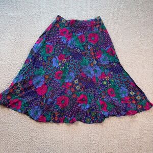 Vintage 90s Floral Rayon Midi Skirt Boho Cottagecore Made in USA Women Petite 10